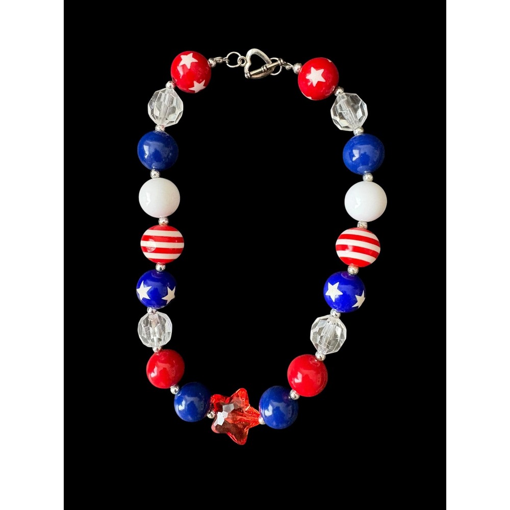 Patriotic Red White Blue Beaded Necklace Stars Stripes Heart Toggle USA